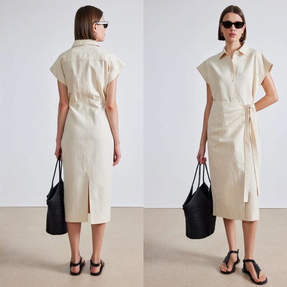 Apiece Apart NEW Catania Wrap Collared Short Sleeve Maxi Dress Ecru Ivory Size S - Picture 1 of 9